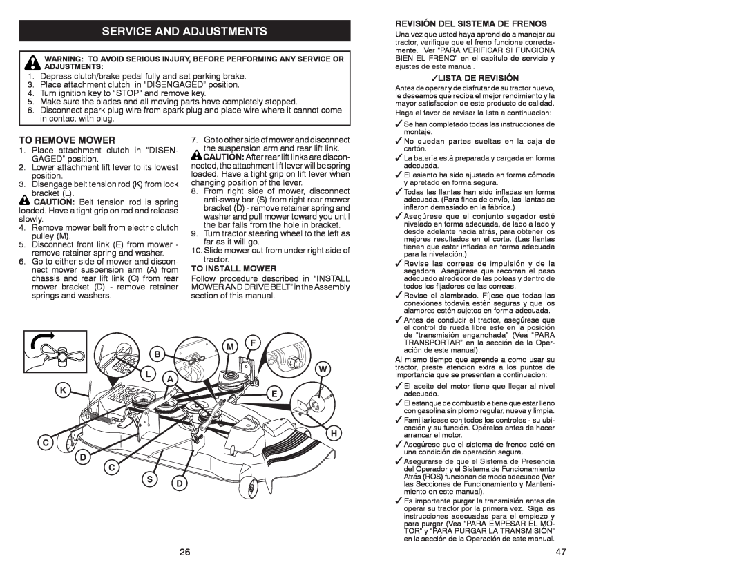 Sears 917.28008 manual Service And Adjustments, To Remove Mower, Revisión Del Sistema De Frenos, Lista De Revisión, K C D C 