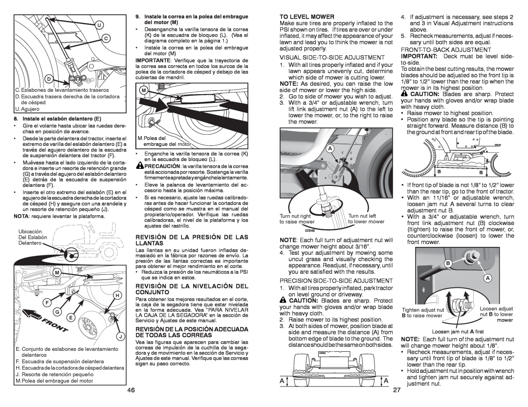 Sears 917.28008 manual Revisión De La Presión De Las Llantas, Revisión De La Nivelación Del Conjunto, To Level Mower 