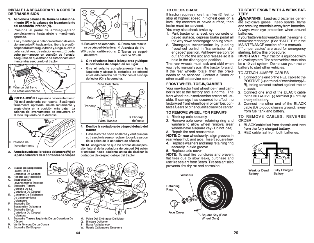 Sears 917.28008 manual Instale La Segadora Y La Correa De Transmisión, To Check Brake, Front Wheel Toe-In/Camber 