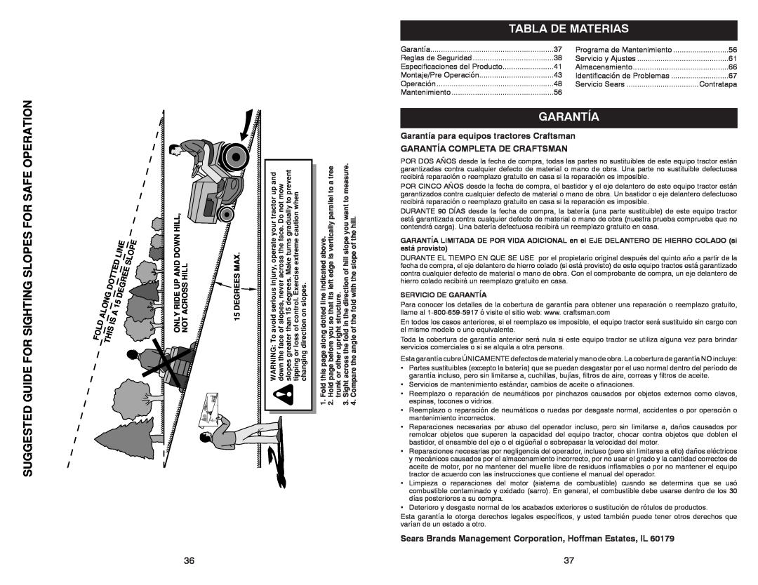Sears 917.28008 manual Tabla De Materias, Garantía para equipos tractores Craftsman, Garantía Completa De Craftsman 