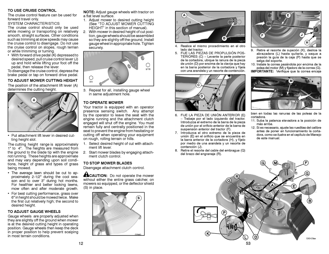 Sears 917.28853 owner manual To USE Cruise Control, To Adjust Mower Cutting Height, To Operate Mower, To Stop Mower Blades 