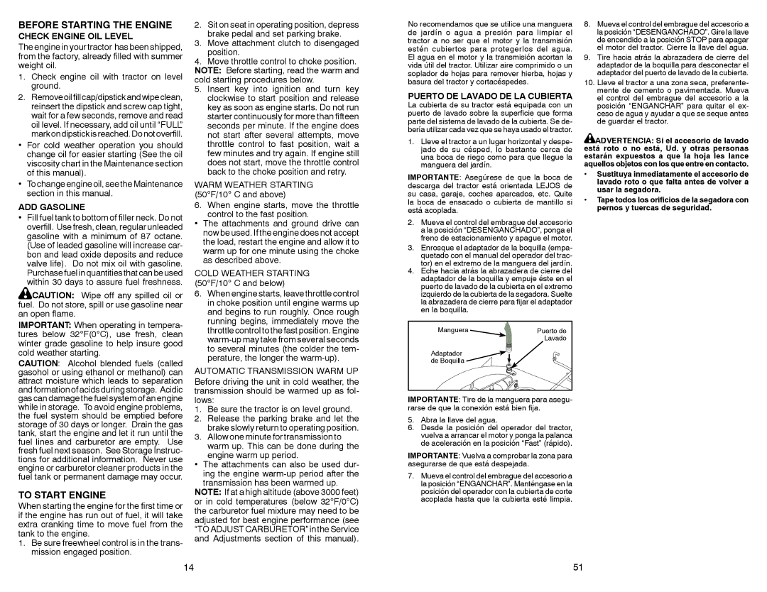 Sears 917.28853 owner manual Before Starting the Engine, To Start Engine, Check Engine OIL Level, ADD Gasoline 