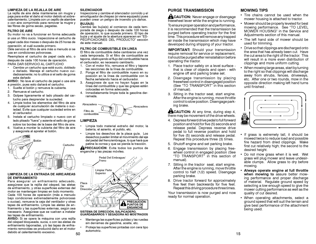 Sears 917.28853 owner manual Purge Transmission, Mowing Tips, Limpieza 