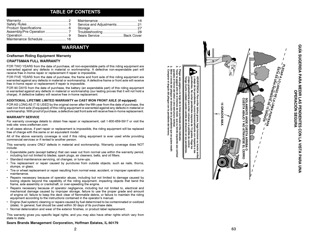 Sears 917.28853 owner manual Table of Contents, Warranty 