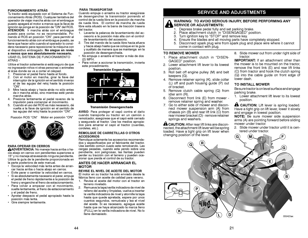 Sears 917.28853 owner manual Service and Adjustments, To Remove Mower, To Install Mower, Antes DE Hacer Arrancar EL Motor 