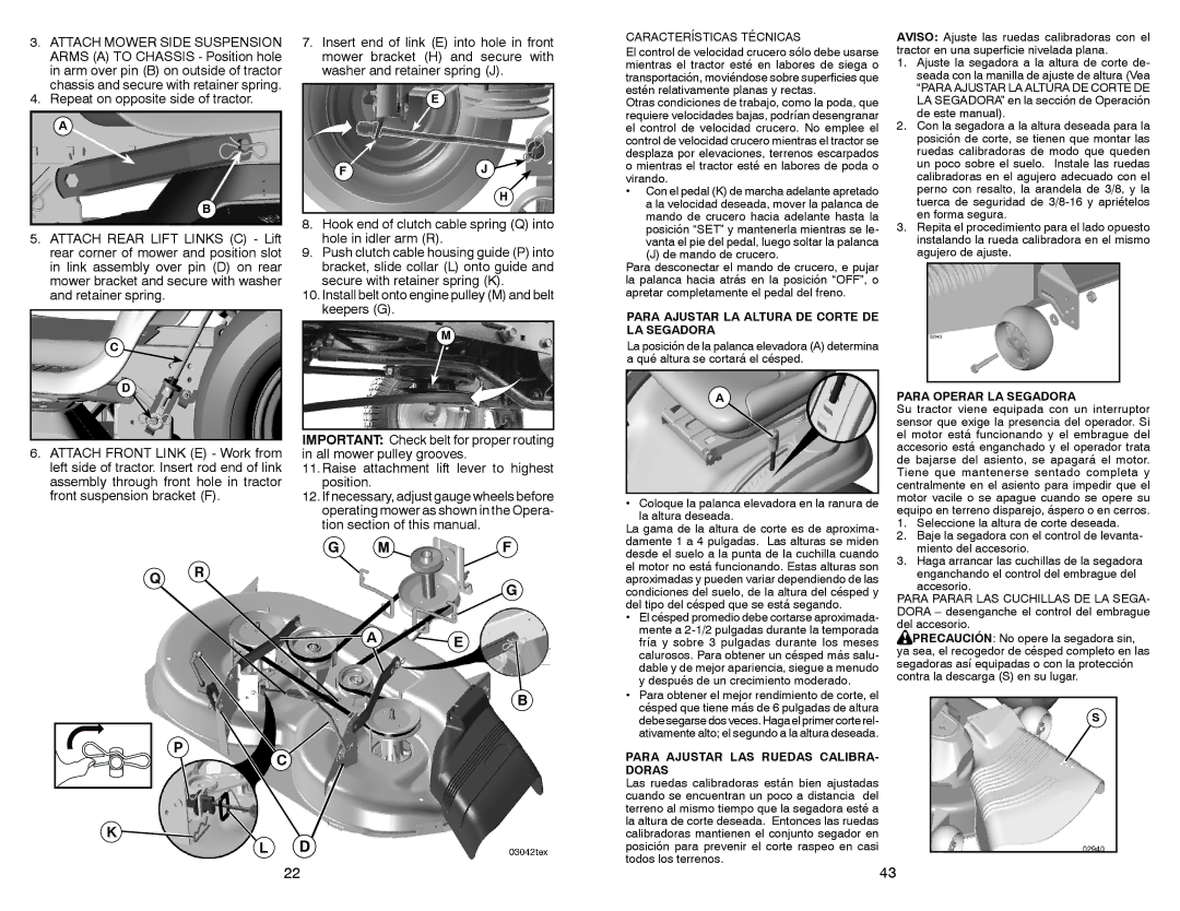 Sears 917.28853 Características Técnicas, Para Ajustar LA Altura DE Corte DE LA Segadora, Para Operar LA Segadora 