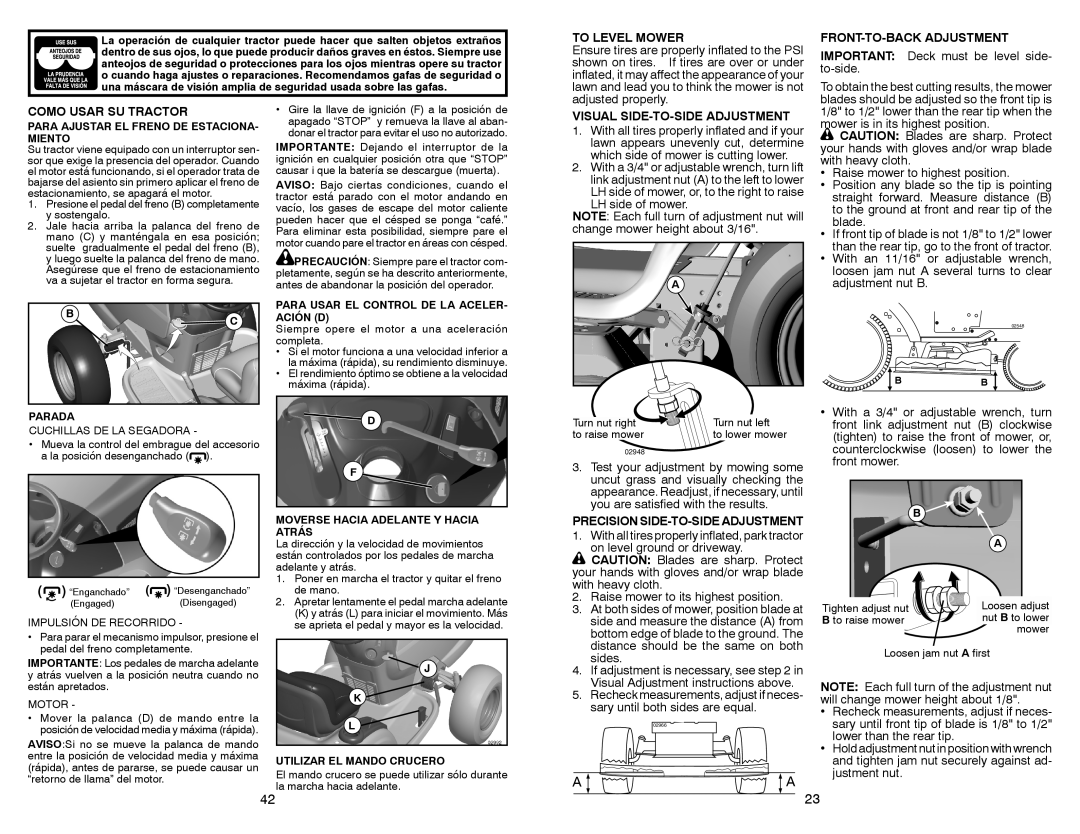 Sears 917.28853 owner manual To Level Mower, FRONT-TO-BACK Adjustment, Como Usar SU Tractor, Visual SIDE-TO-SIDE Adjustment 