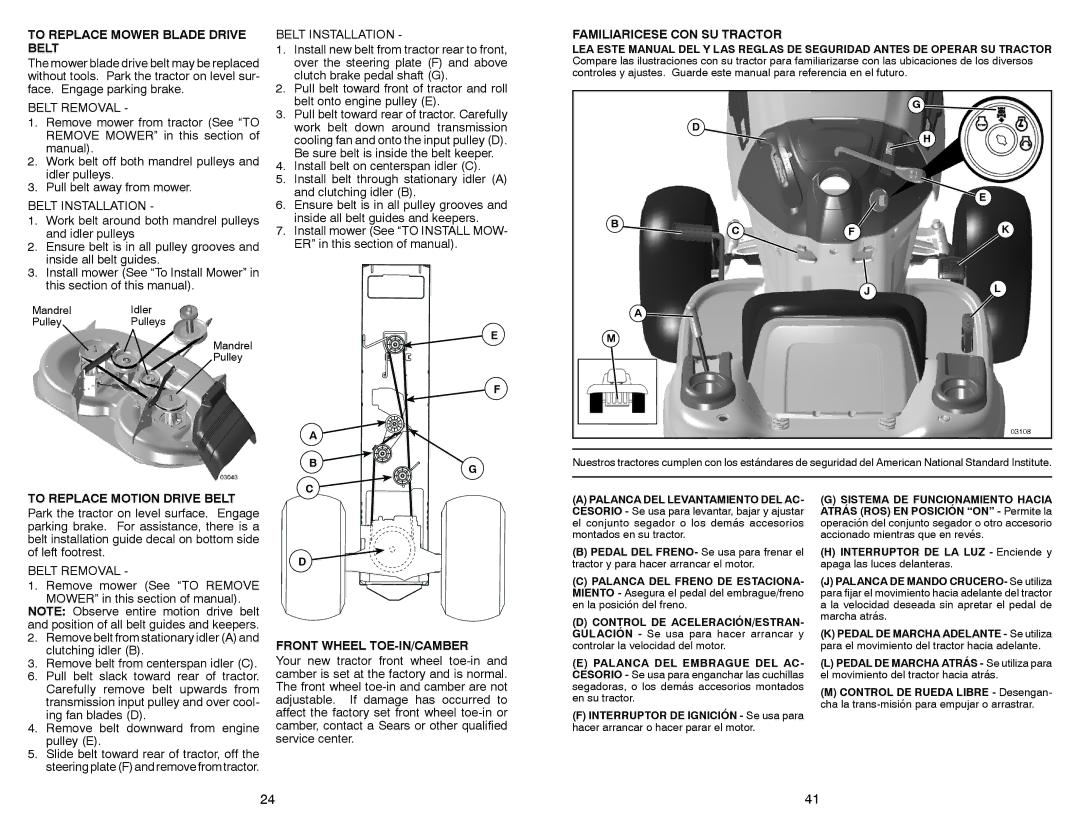 Sears 917.28853 owner manual To Replace Mower Blade Drive Belt, Familiaricese CON SU Tractor, To Replace Motion Drive Belt 