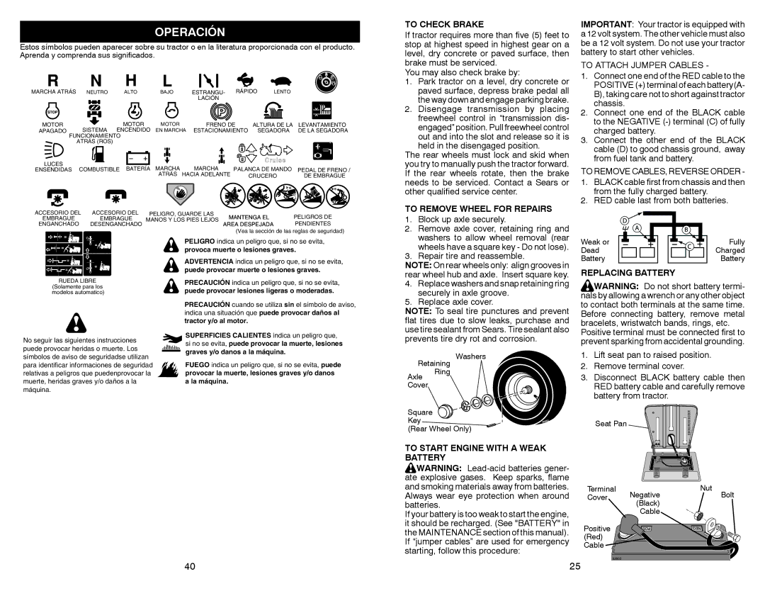 Sears 917.28853 owner manual Operación, To Check Brake, To Remove Wheel for Repairs, Replacing Battery 