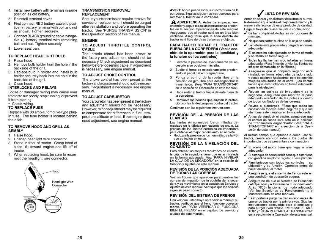 Sears 917.28853 To Replace Headlight Bulb, Interlocks and Relays, To Replace Fuse, To Remove Hood and Grill AS- Sembly 