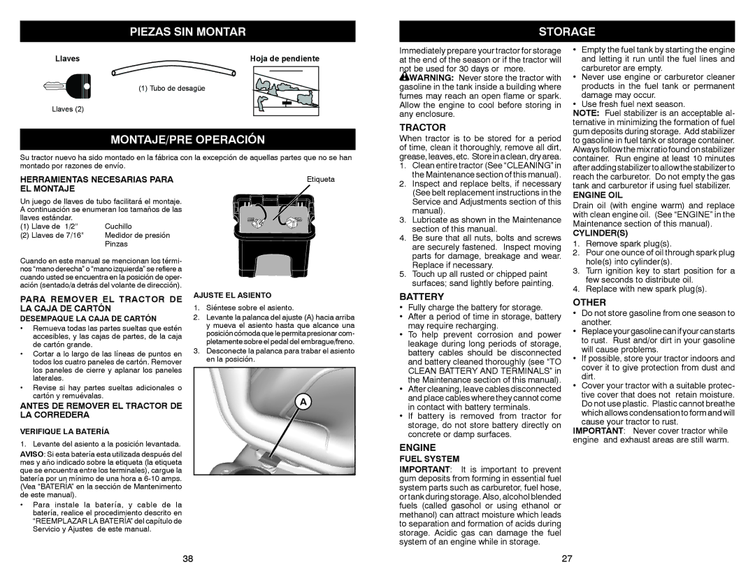 Sears 917.28853 owner manual Piezas SIN Montar Storage, MONTAJE/PRE Operación, Battery, Other 