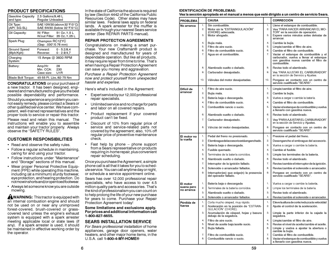 Sears 917.28853 owner manual Product Specifications, Customer Responsibilities, Sears Installation Service 