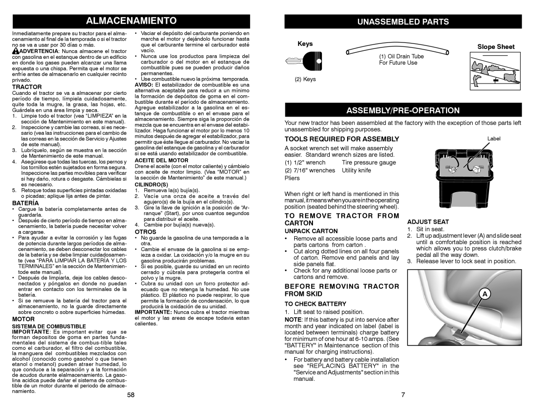 Sears 917.28853 Unassembled Parts, Assembly/Pre-Operation, Tools Required for Assembly, To Remove Tractor from Carton 