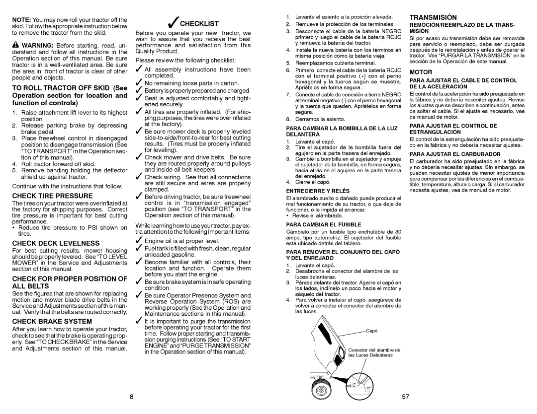 Sears 917.28853 Check Tire Pressure, Check Deck Levelness, Check for Proper Position of ALL Belts, Check Brake System 