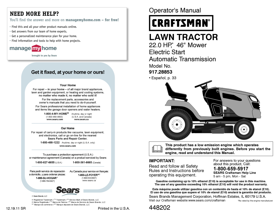 Sears 917.28853 owner manual For answers to your questions, about this product, Call, 12.19.11 SR, Lawn Tractor, 448202 