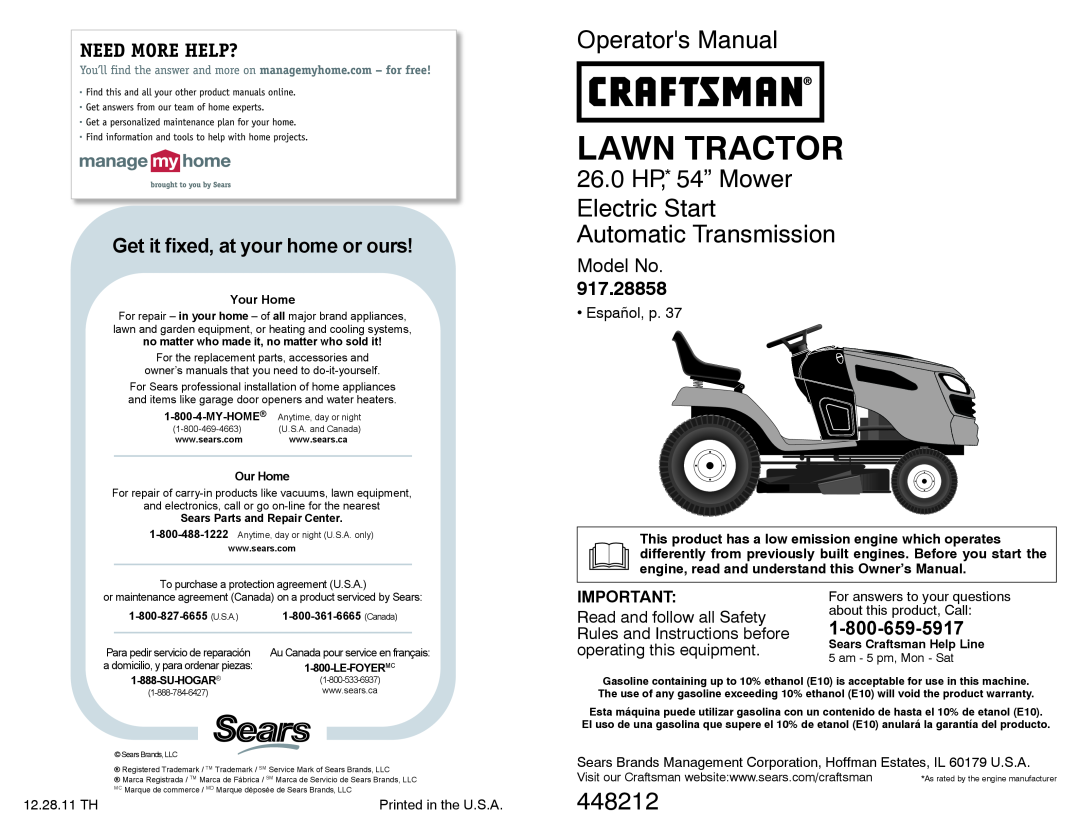 Sears 917.28858 owner manual For answers to your questions, about this product, Call, 12.28.11 TH, Lawn Tractor, 448212 