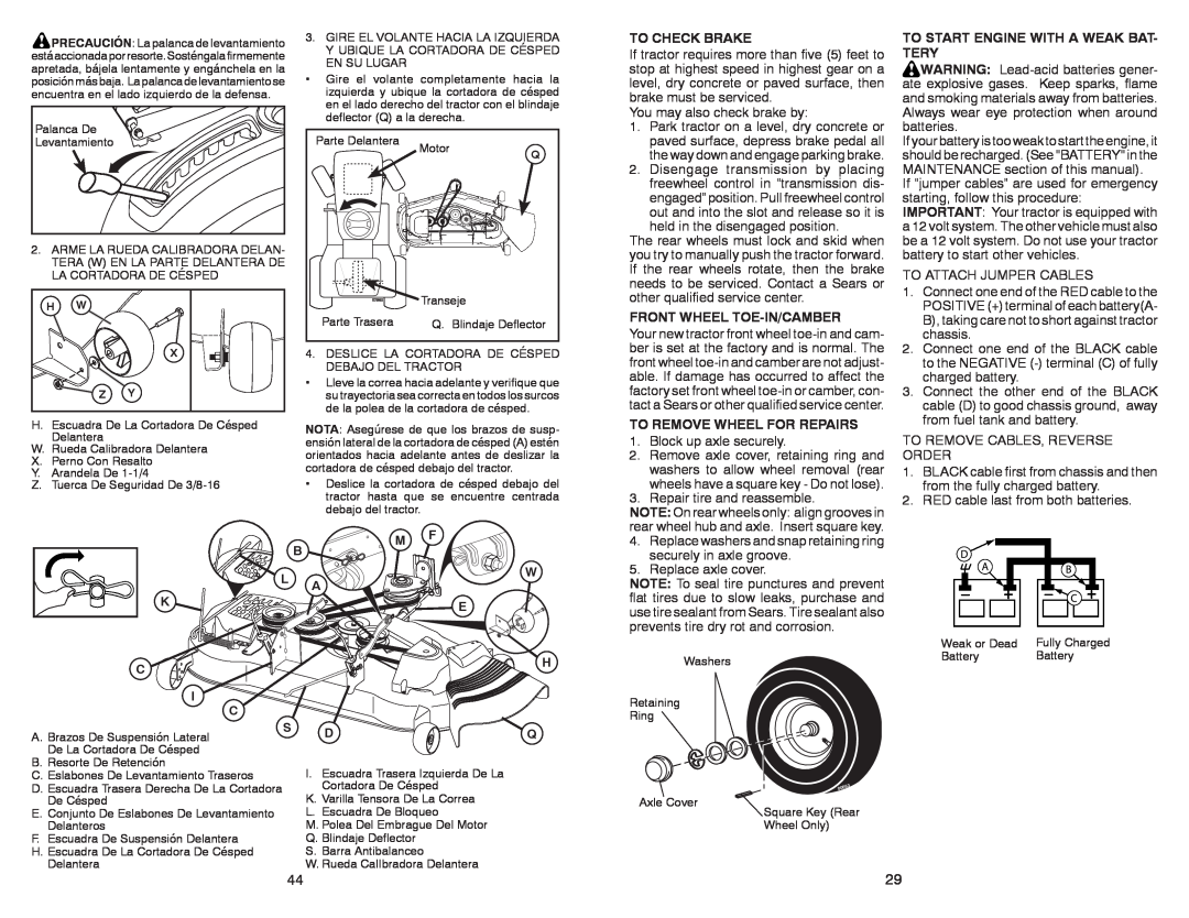 Sears 917.28858 owner manual To Check Brake, Front Wheel Toe-In/Camber, To Remove Wheel For Repairs 