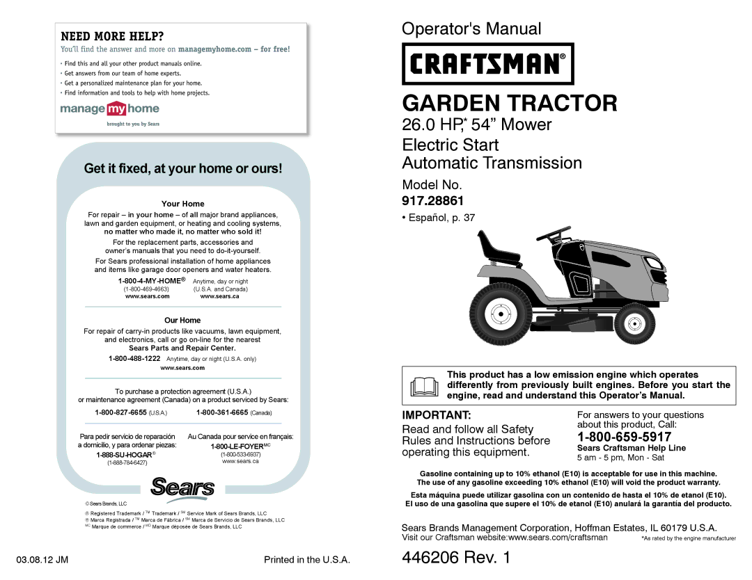 Sears 917.28861 owner manual Sears Craftsman Help Line, Am 5 pm, Mon Sat 