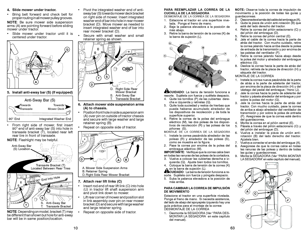 Sears 917.28861 owner manual Slide mower under tractor, Install anti-sway bar S If equipped, Attach rear lift links C 