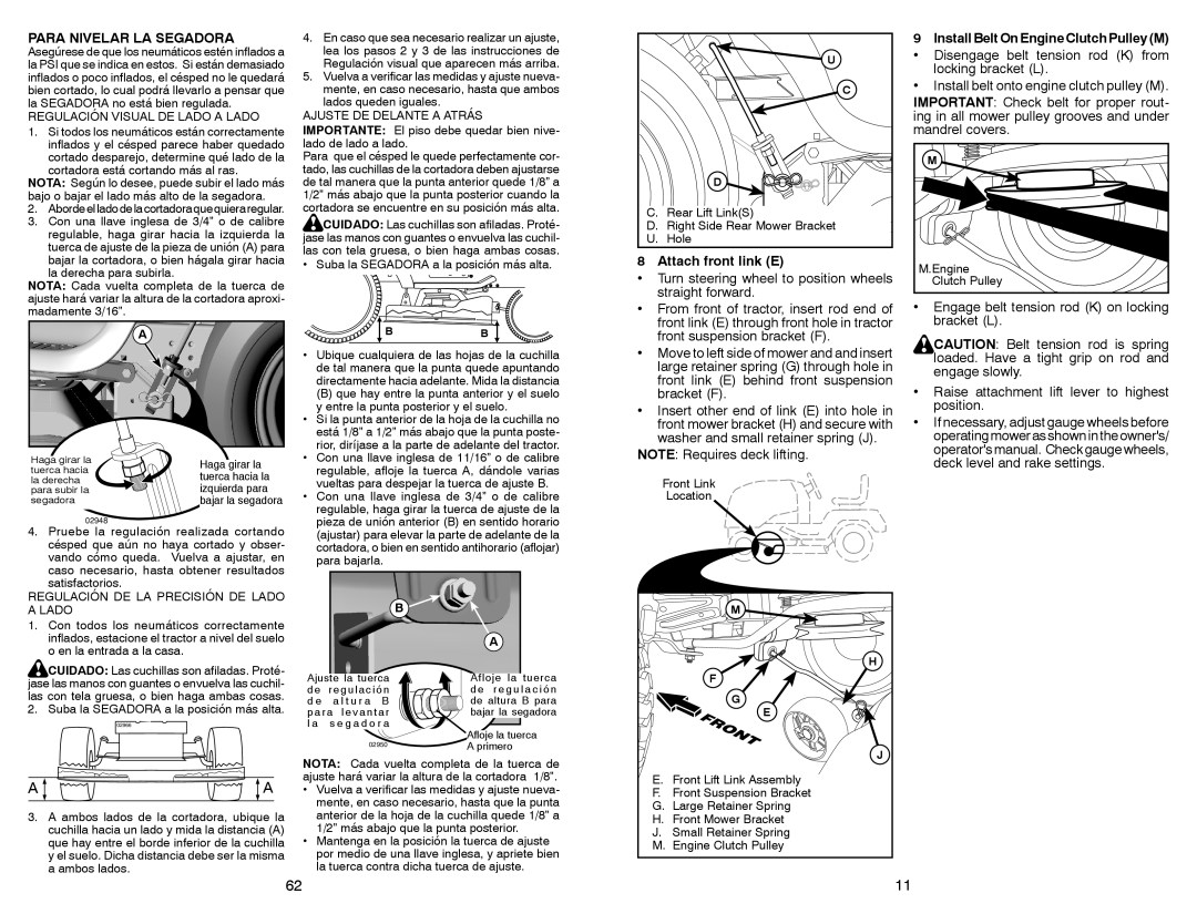 Sears 917.28861 owner manual Para Nivelar LA Segadora, InstallBeltOnEngineClutchPulleyM, Attach front link E 