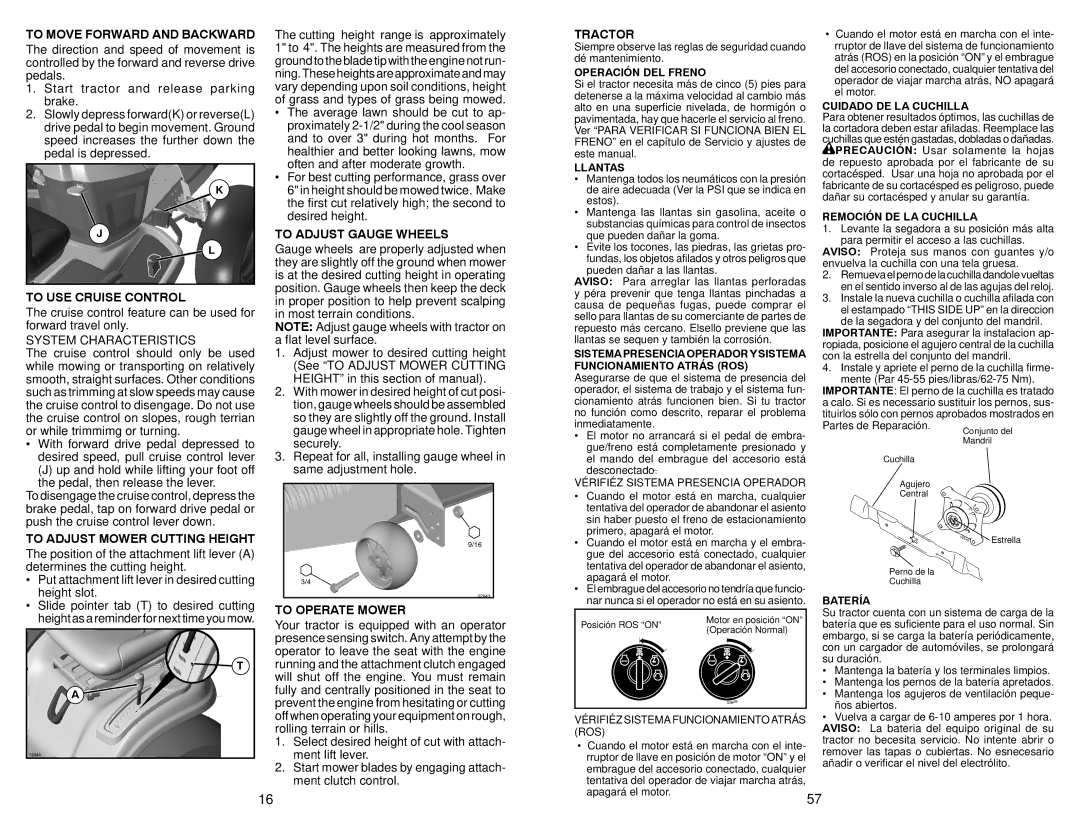 Sears 917.28861 owner manual To Move Forward and Backward, To USE Cruise Control, To Adjust Gauge Wheels, To Operate Mower 