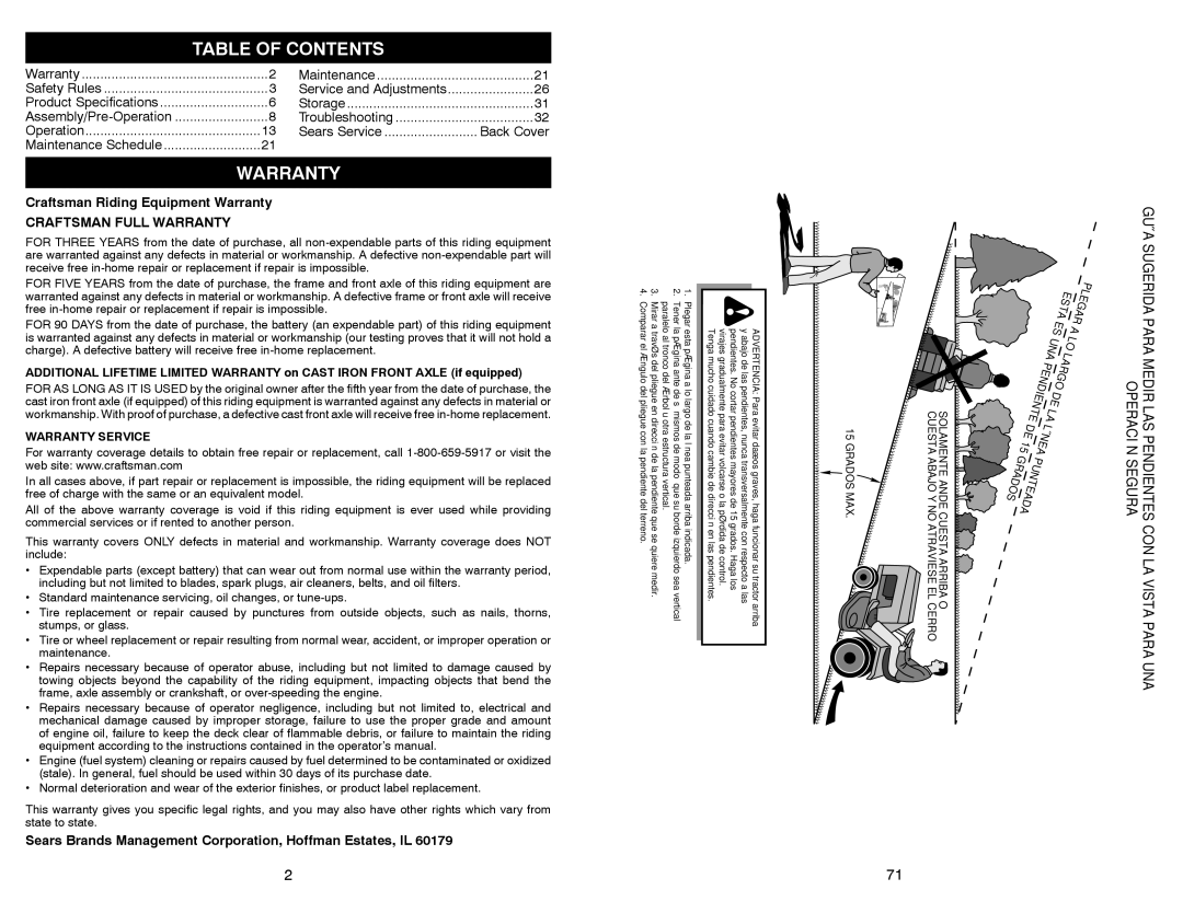 Sears 917.28861 owner manual Table of Contents, Warranty 