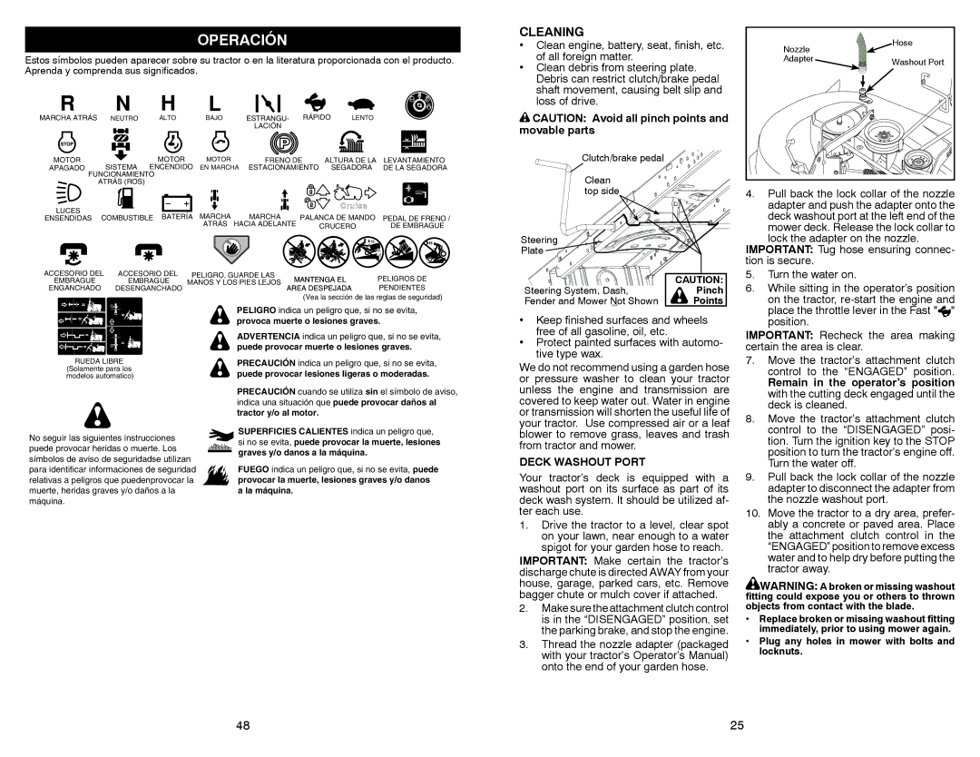 Sears 917.28861 owner manual Operación, Cleaning, Deck Washout Port, On the tractor, re-start the engine 