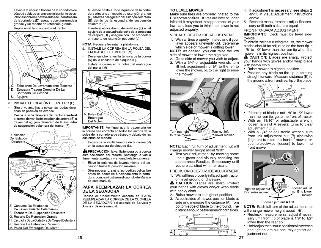 Sears 917.28861 owner manual Para Reemplazar LA Correa DE LA Segadora, To Level Mower, Visual SIDE-TO-SIDE Adjustment 