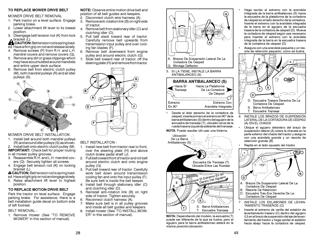 Sears 917.28861 owner manual Barra Antibalanceo S, To Replace Mower Drive Belt, To Replace Motion Drive Belt 