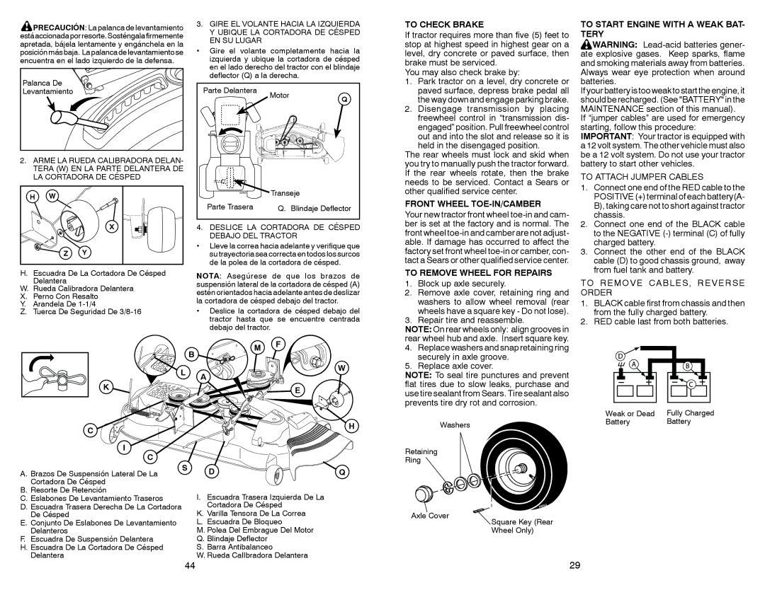 Sears 917.28861 owner manual To Check Brake, Front Wheel TOE-IN/CAMBER, To Remove Wheel for Repairs 