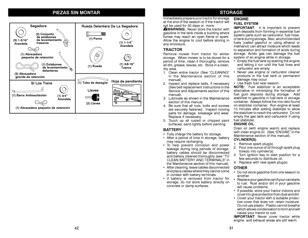 Sears 917.28861 owner manual Piezas SIN Montar Storage, Battery, Other 