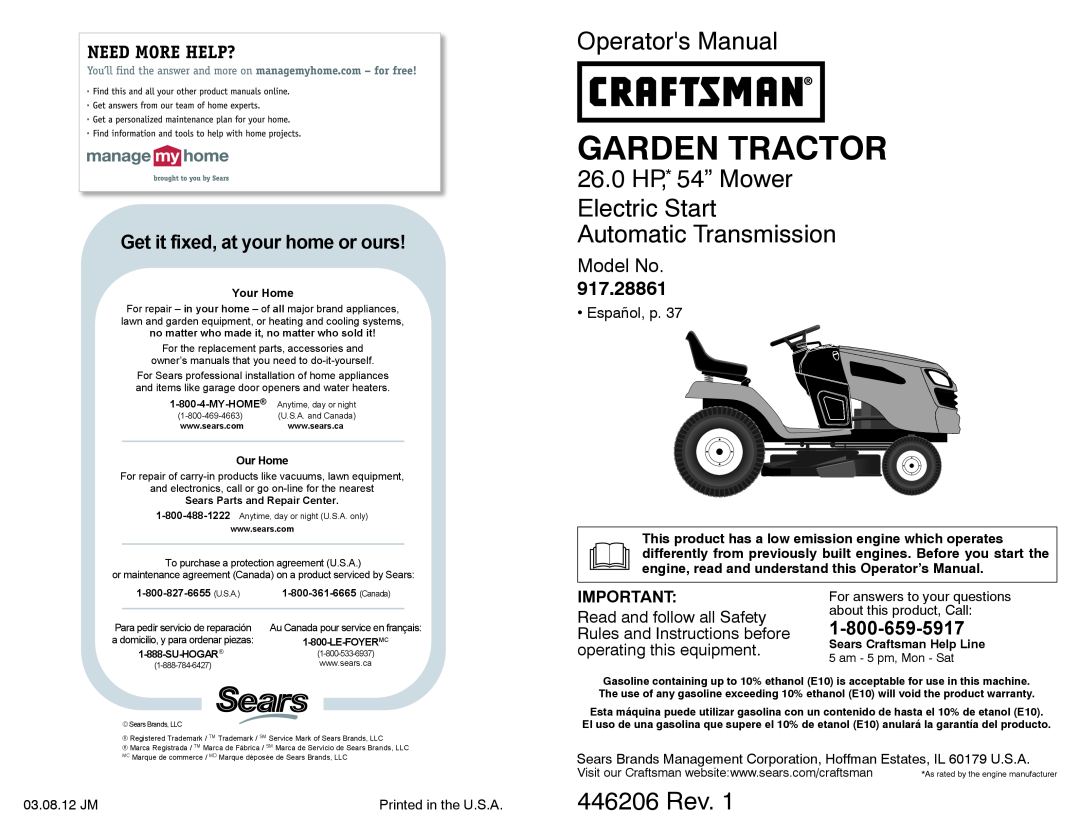 Sears 917.28861 owner manual For answers to your questions, about this product, Call, 03.08.12 JM, Garden Tractor, My-Home 