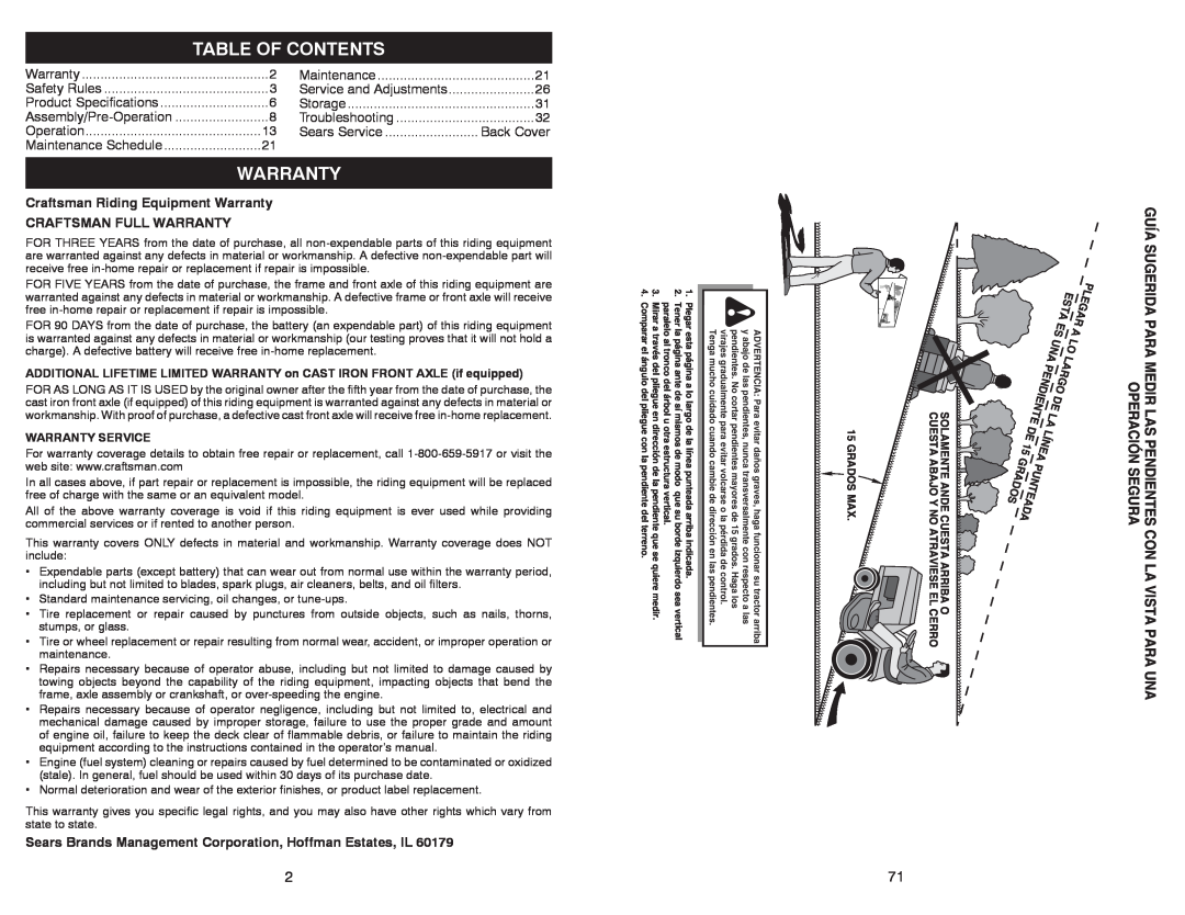 Sears 917.28861 owner manual Table Of Contents, Craftsman Riding Equipment Warranty, Craftsman Full Warranty 
