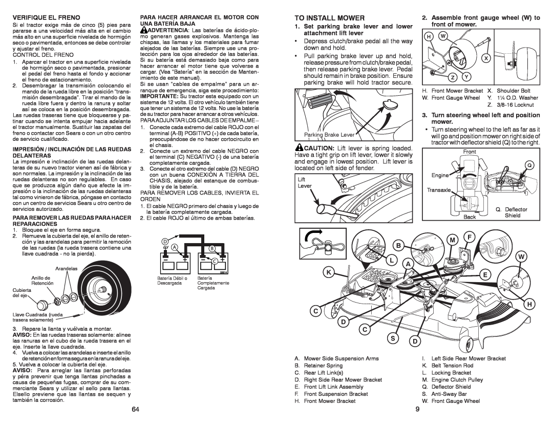 Sears 917.28861 owner manual To Install Mower, K C D C, M F B L A W E H S D, Verifique El Freno 