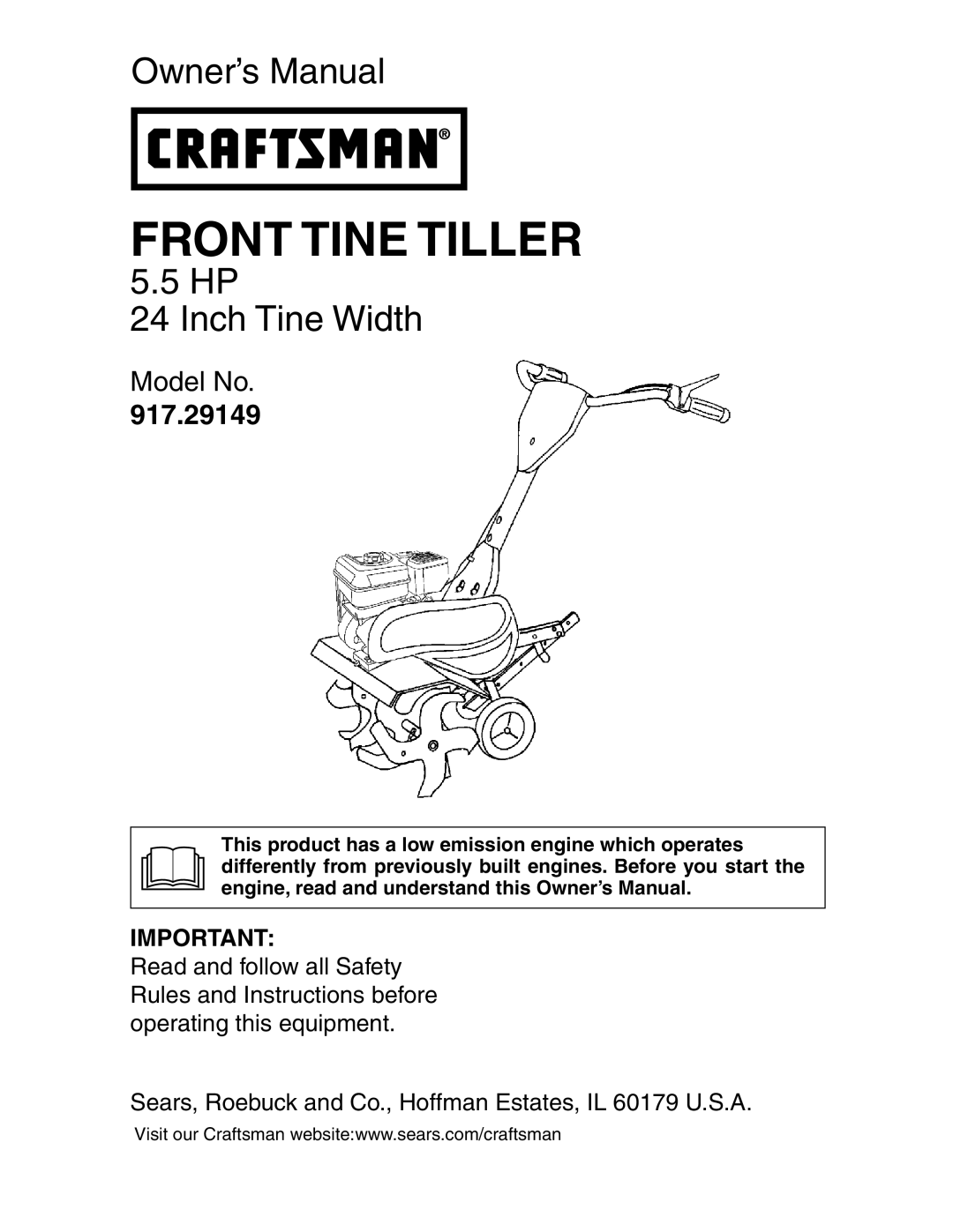 Sears 917.29149 owner manual Front Tine Tiller 