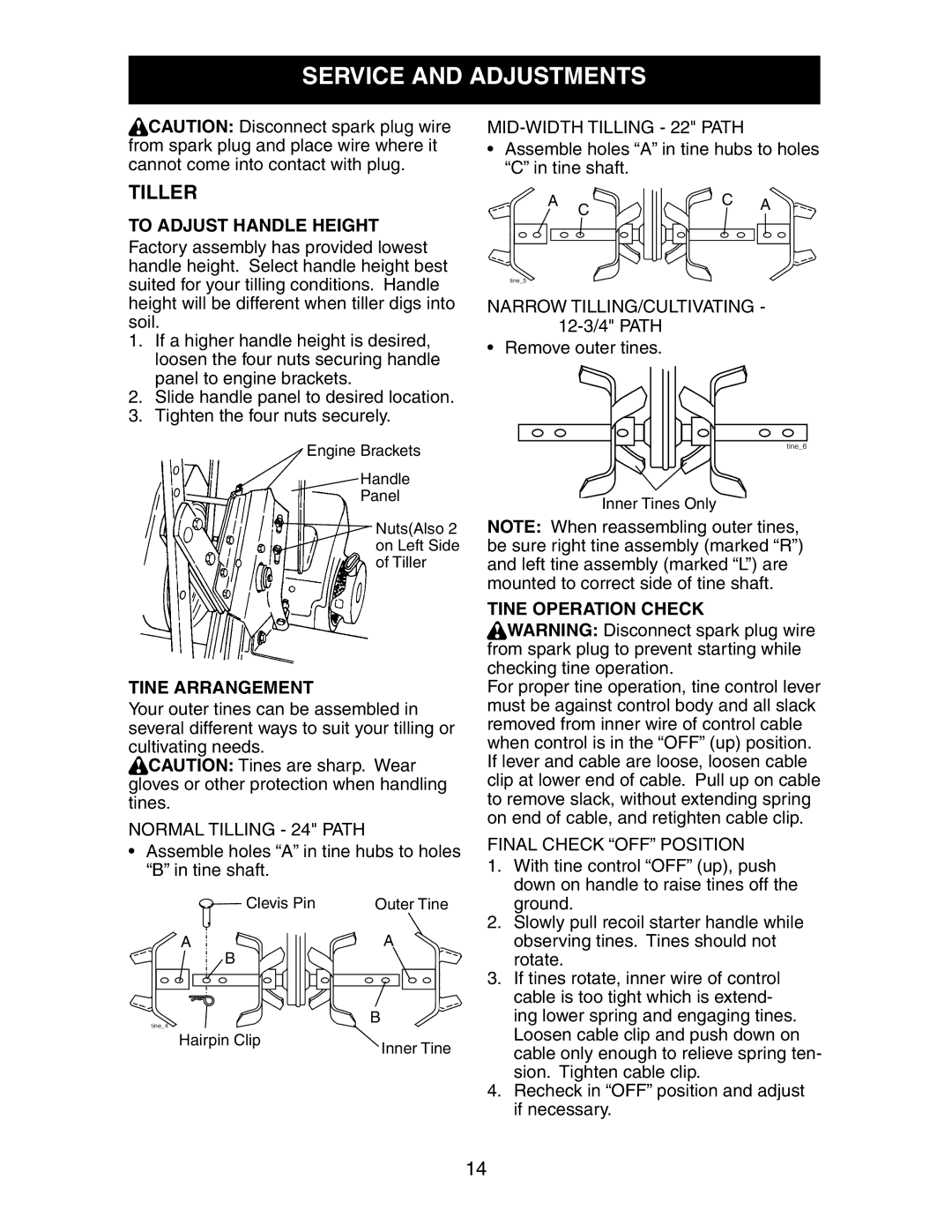 Sears 917.29149 Service and Adjustments, Tiller, To Adjust Handle Height, Tine Arrangement, Tine Operation Check 