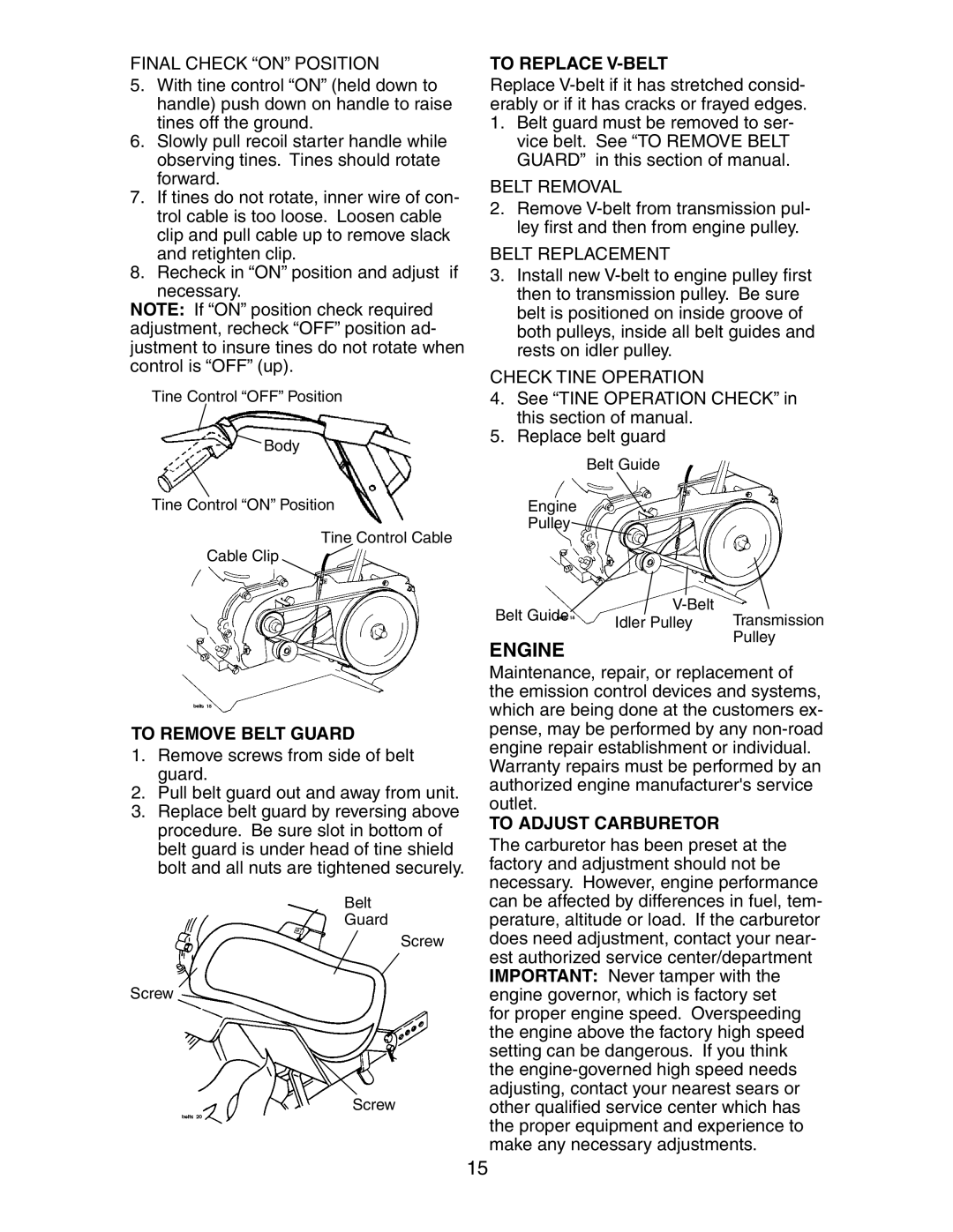 Sears 917.29149 owner manual To Remove Belt Guard, To Replace V-BELT, To Adjust Carburetor 