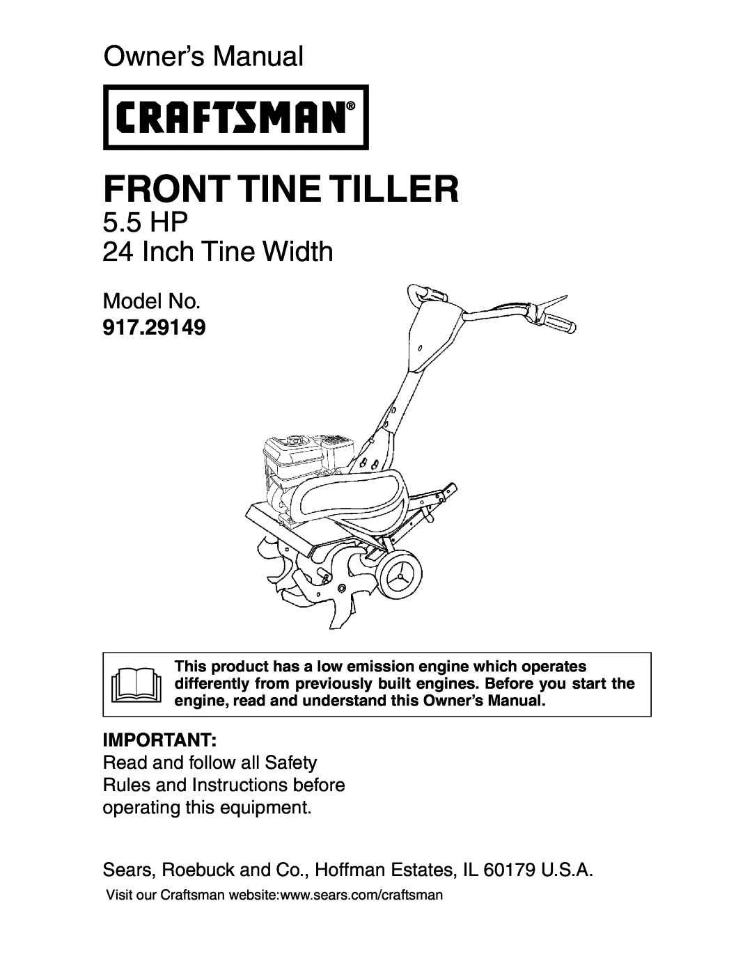 Sears 917.29149 owner manual Front Tine Tiller, Owner’s Manual, 5.5 HP 24 Inch Tine Width, Model No 