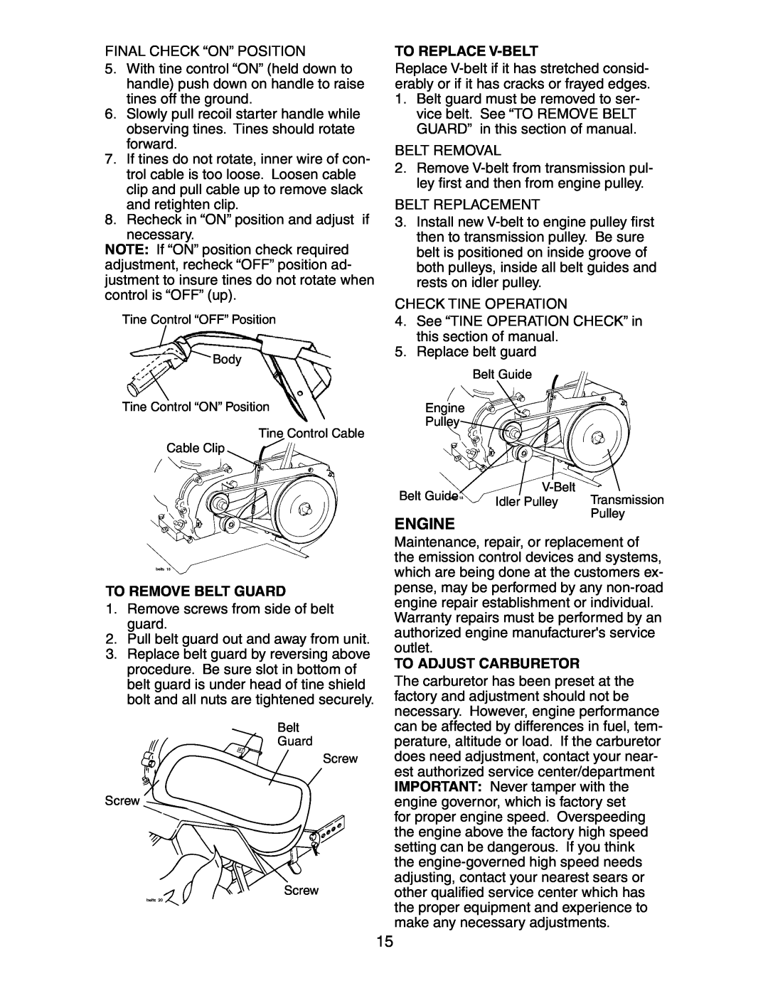 Sears 917.29149 owner manual Engine, To Remove Belt Guard, To Replace V-Belt, To Adjust Carburetor 
