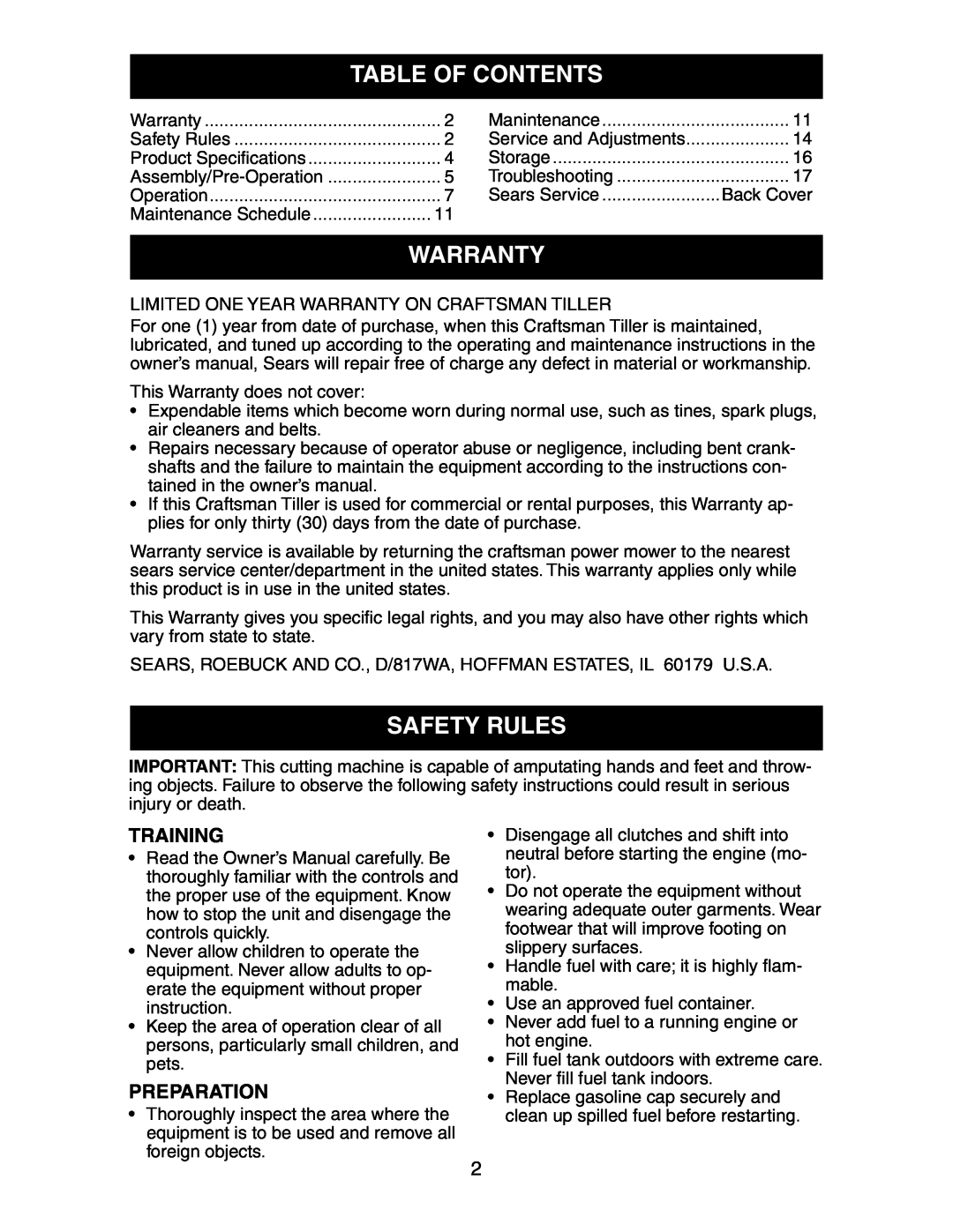 Sears 917.29149 owner manual Table Of Contents, Warranty, Safety Rules, Training, Preparation 