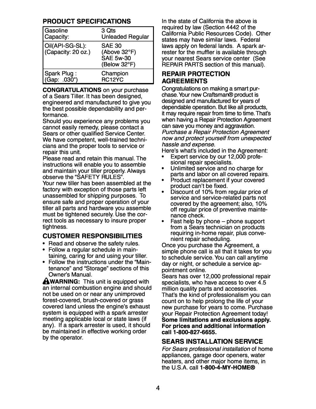 Sears 917.29149 owner manual Product Specifications, Customer Responsibilities, Repair Protection Agreements 