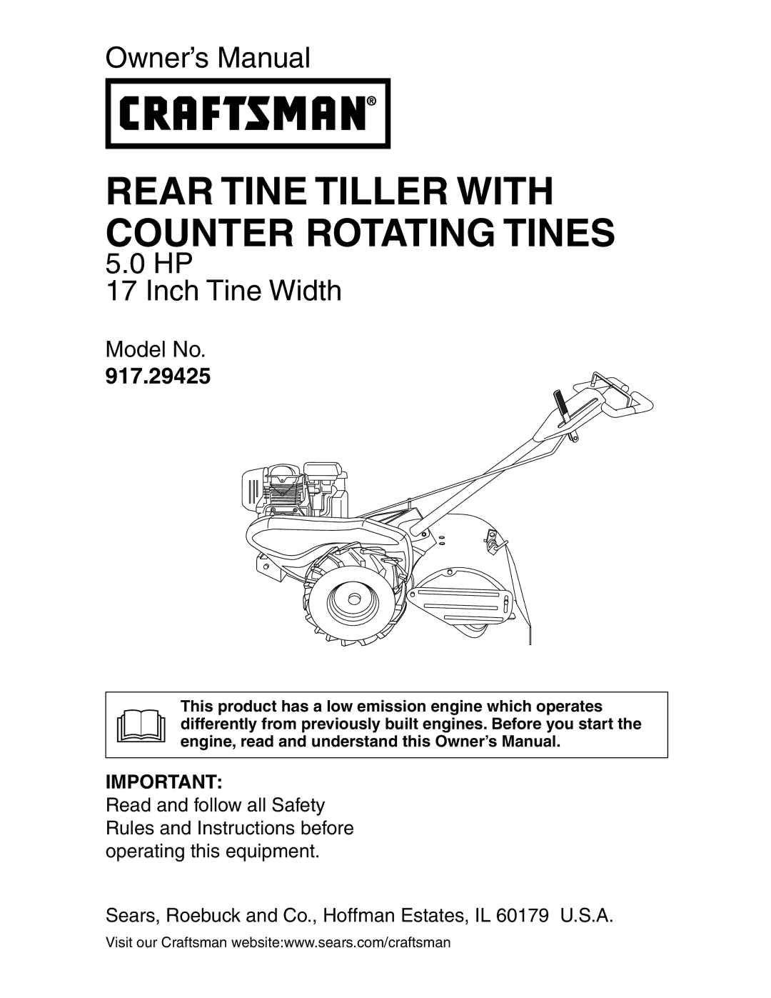 Sears 917.29425 owner manual Rear Tine Tiller with Counter Rotating Tines 