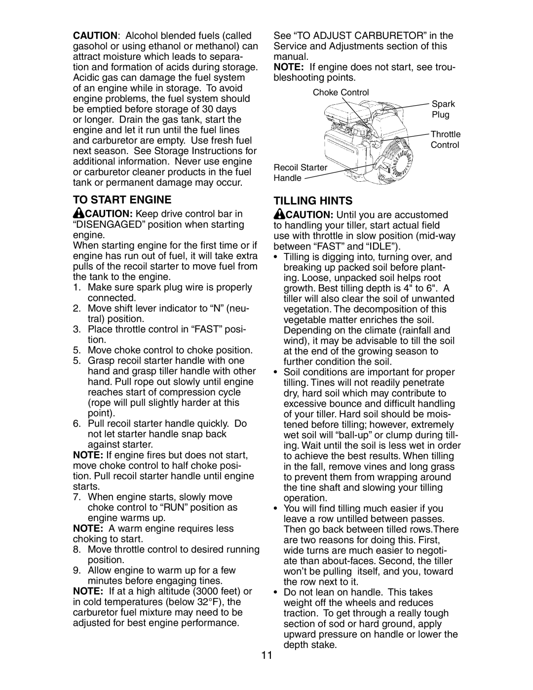 Sears 917.29425 owner manual To Start Engine, Tilling Hints 