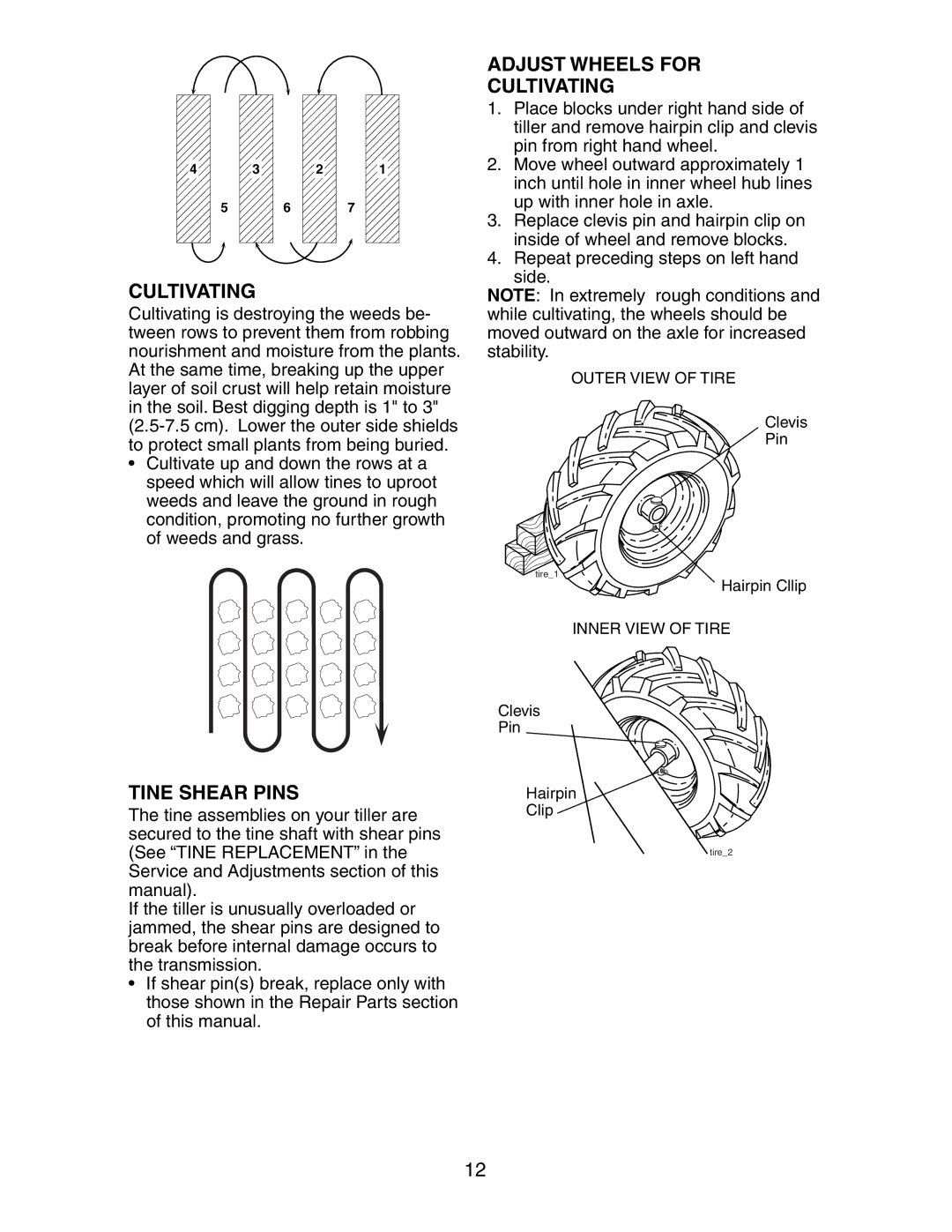 Sears 917.29425 owner manual Adjust Wheels for Cultivating, Tine Shear Pins 