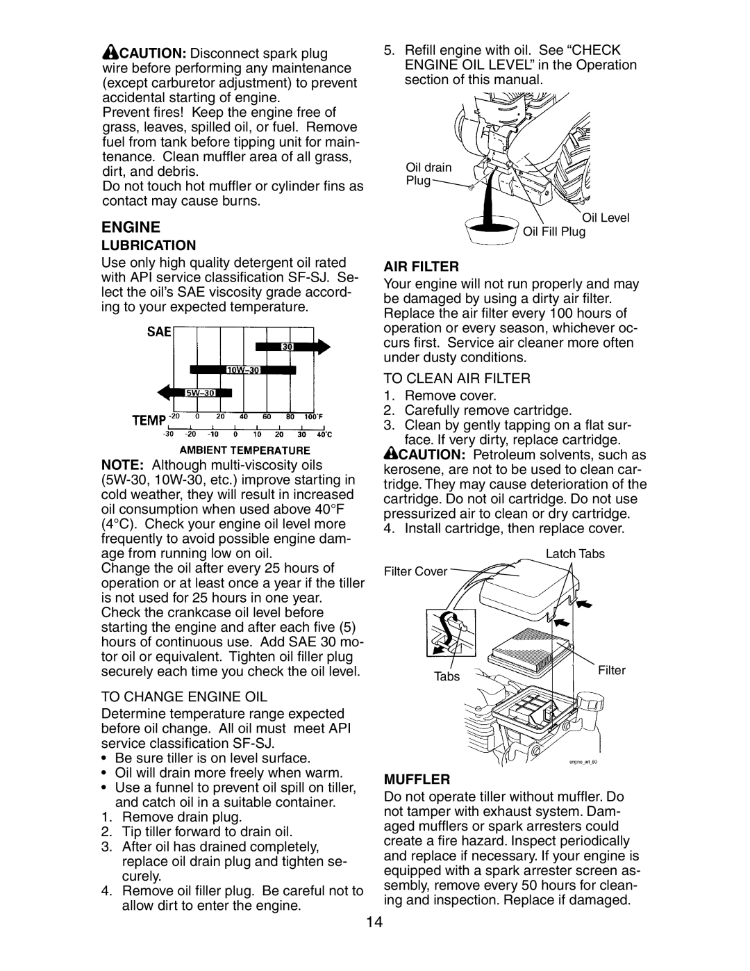 Sears 917.29425 owner manual Engine, Lubrication, AIR Filter, Muffler 