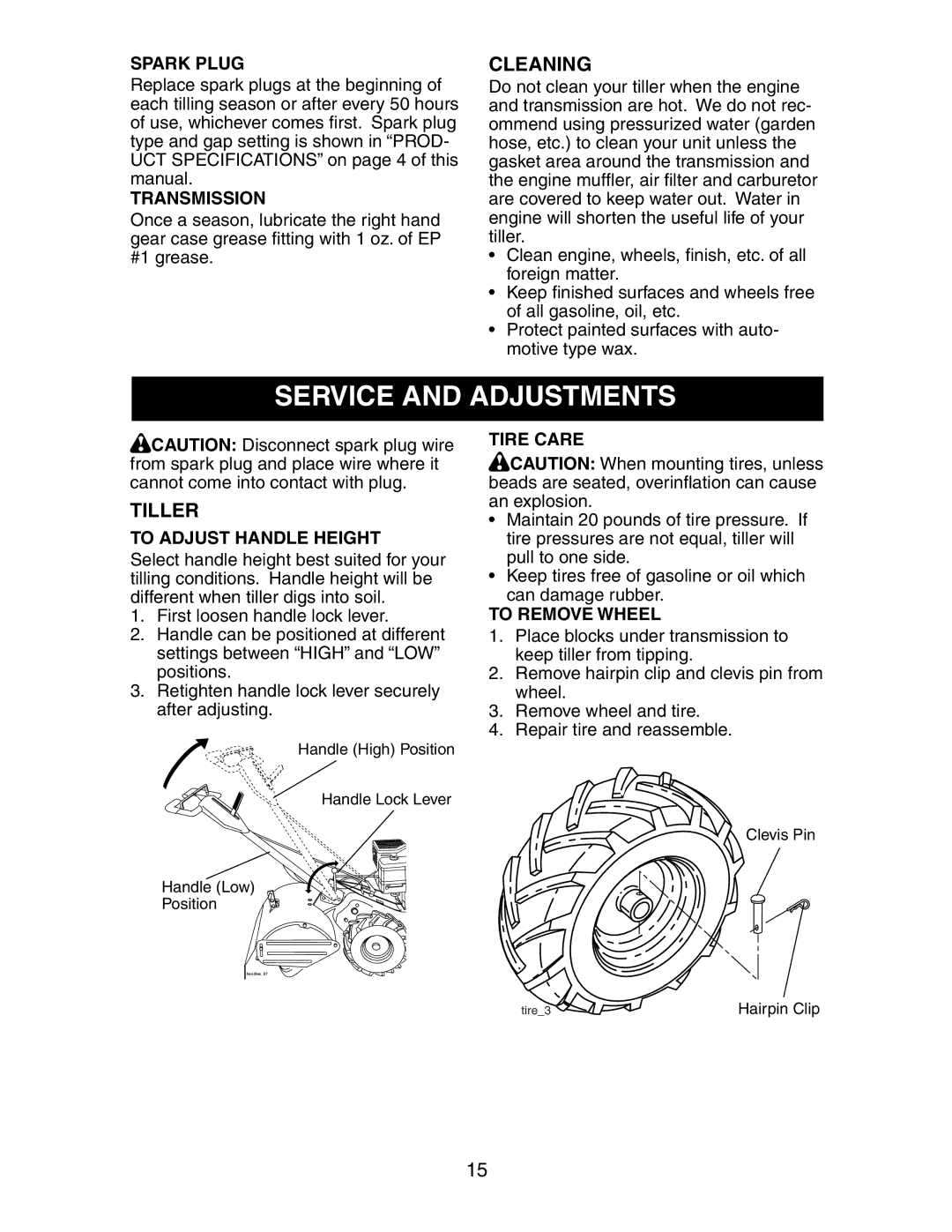 Sears 917.29425 owner manual Cleaning, Tiller 