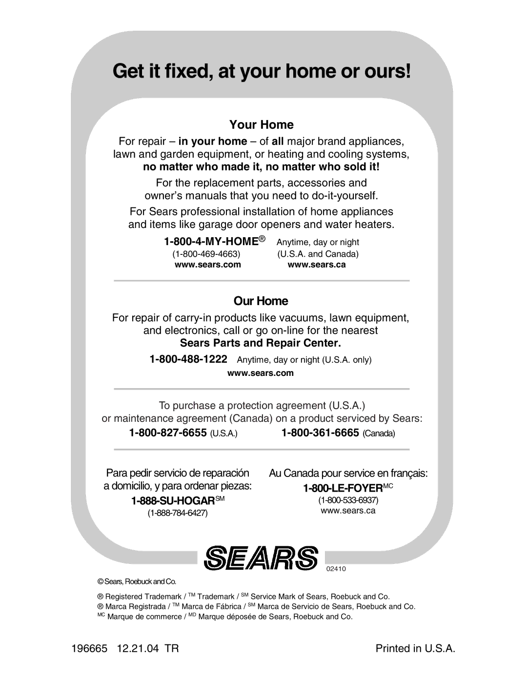 Sears 917.29425 owner manual Get it fixed, at your home or ours 