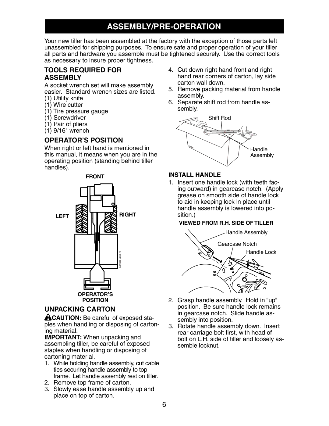 Sears 917.29425 Assembly/Pre-Operation, Tools Required for Assembly, OPERATOR’S Position, Unpacking Carton, Install Handle 