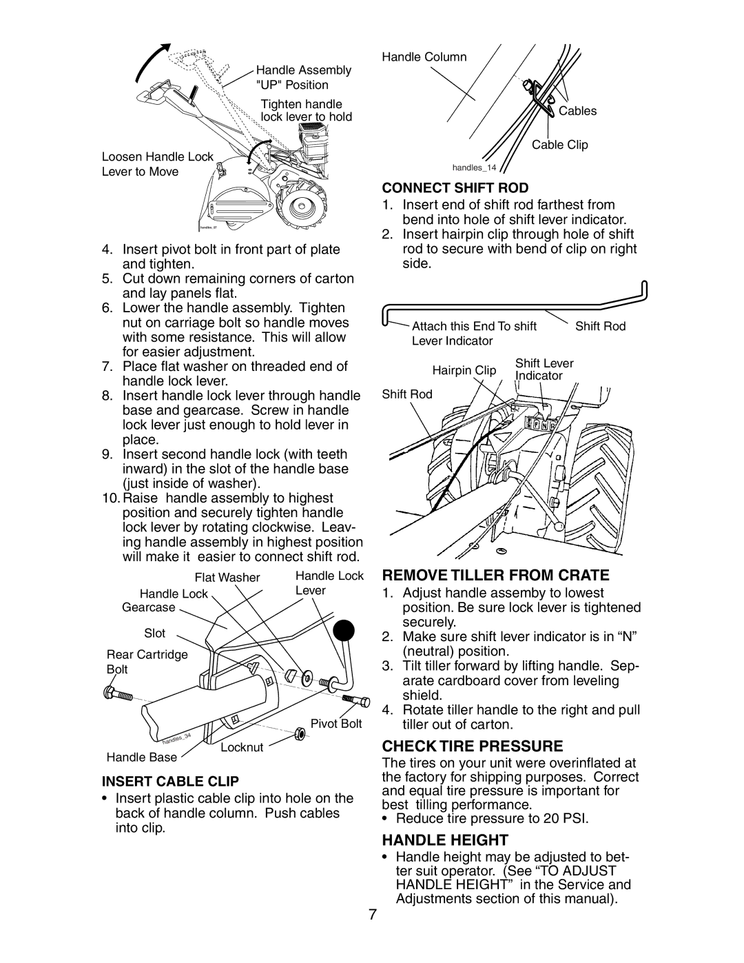 Sears 917.29425 Remove Tiller from Crate, Check Tire Pressure, Handle Height, Connect Shift ROD, Insert Cable Clip 