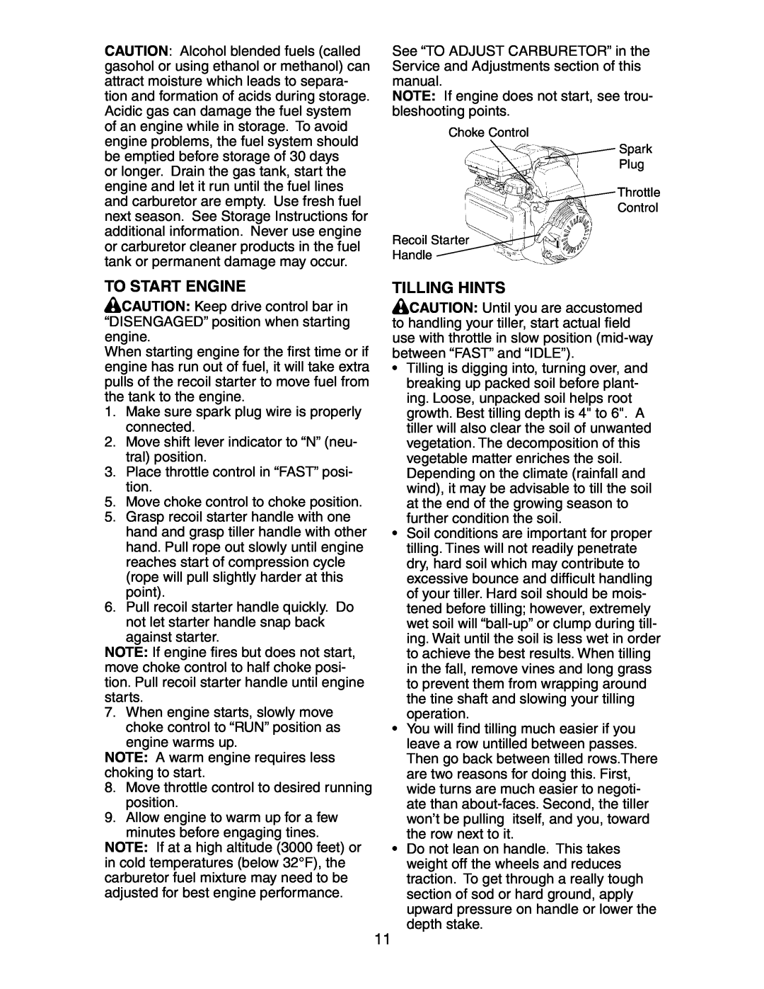 Sears 917.29425 owner manual To Start Engine, Tilling Hints 